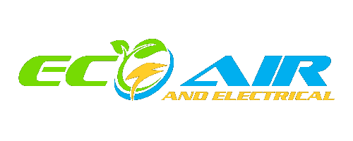Logo for "Eco Air and Electrical" with "Eco" in green, "Air" in blue, and "and electrical" in yellow. A leaf and lightning bolt graphic appears between the words, symbolizing eco-friendly energy.